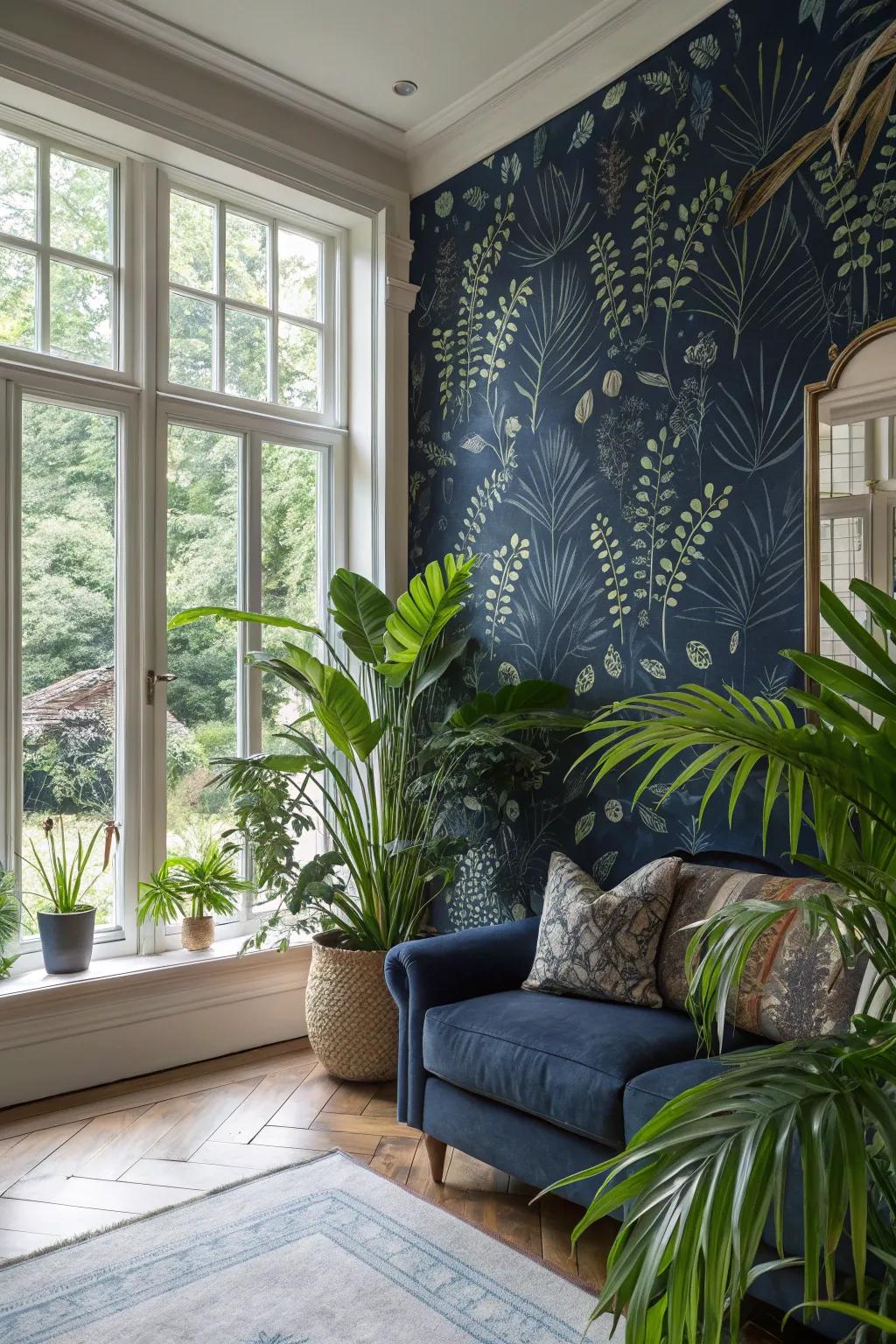 Invite nature into your home with botanical-themed deep indigo wallpaper.