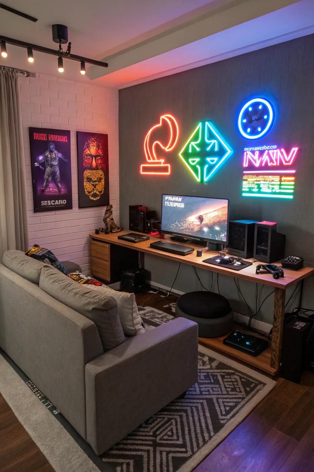 Elevate your gaming room's atmosphere via deliberately situated illumination ribbons and vibrant graphic signage.