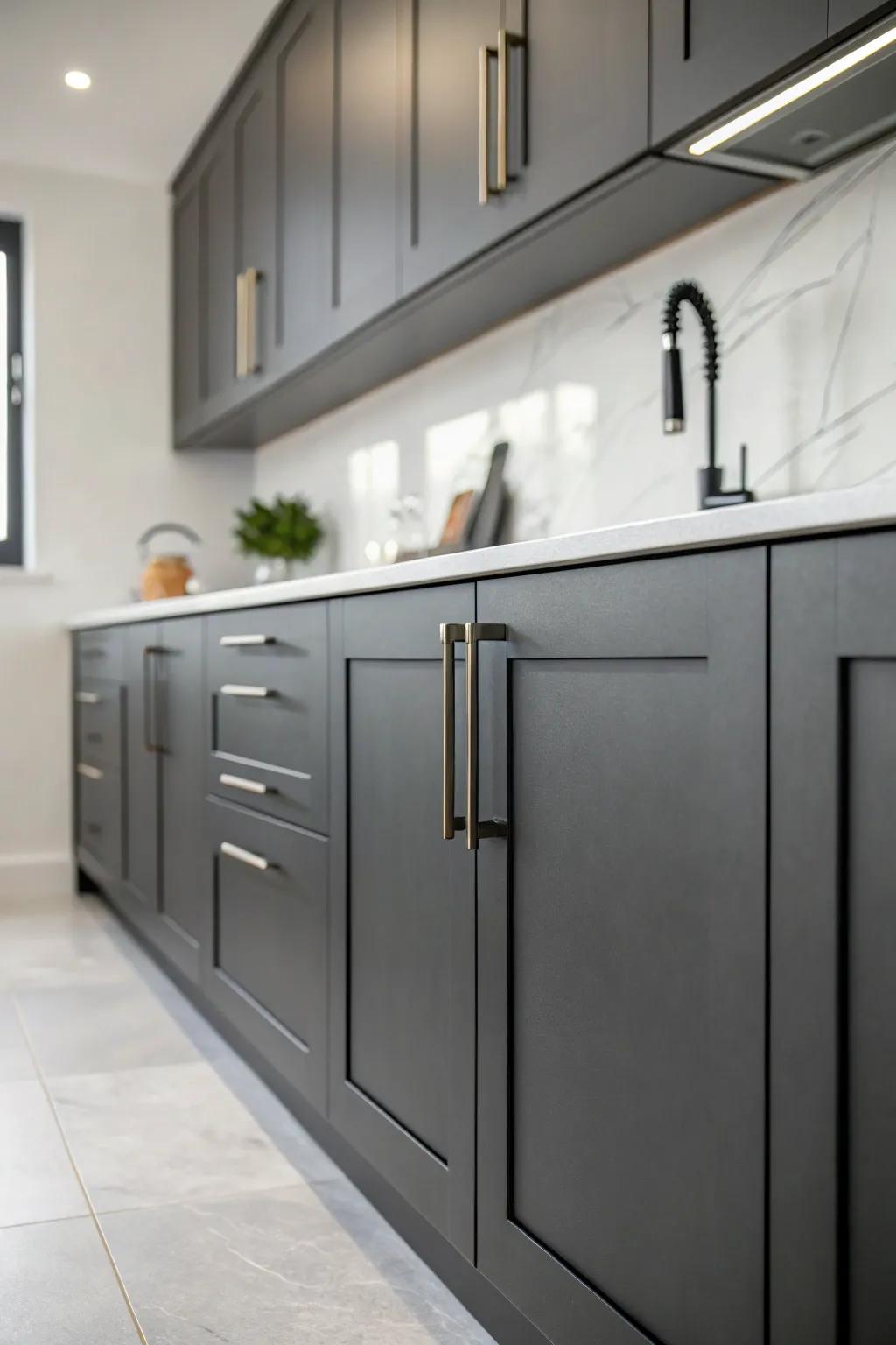 Minimalist kitchen with deep charcoal cabinets, creating a pristine and serene setting.