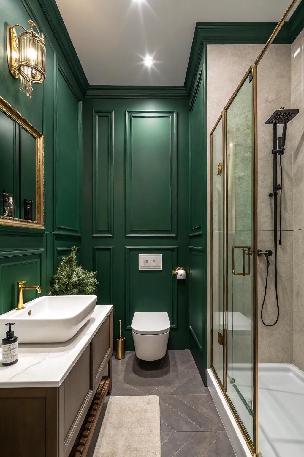 Luxurious dark green walls create a bold and comforting ambiance.