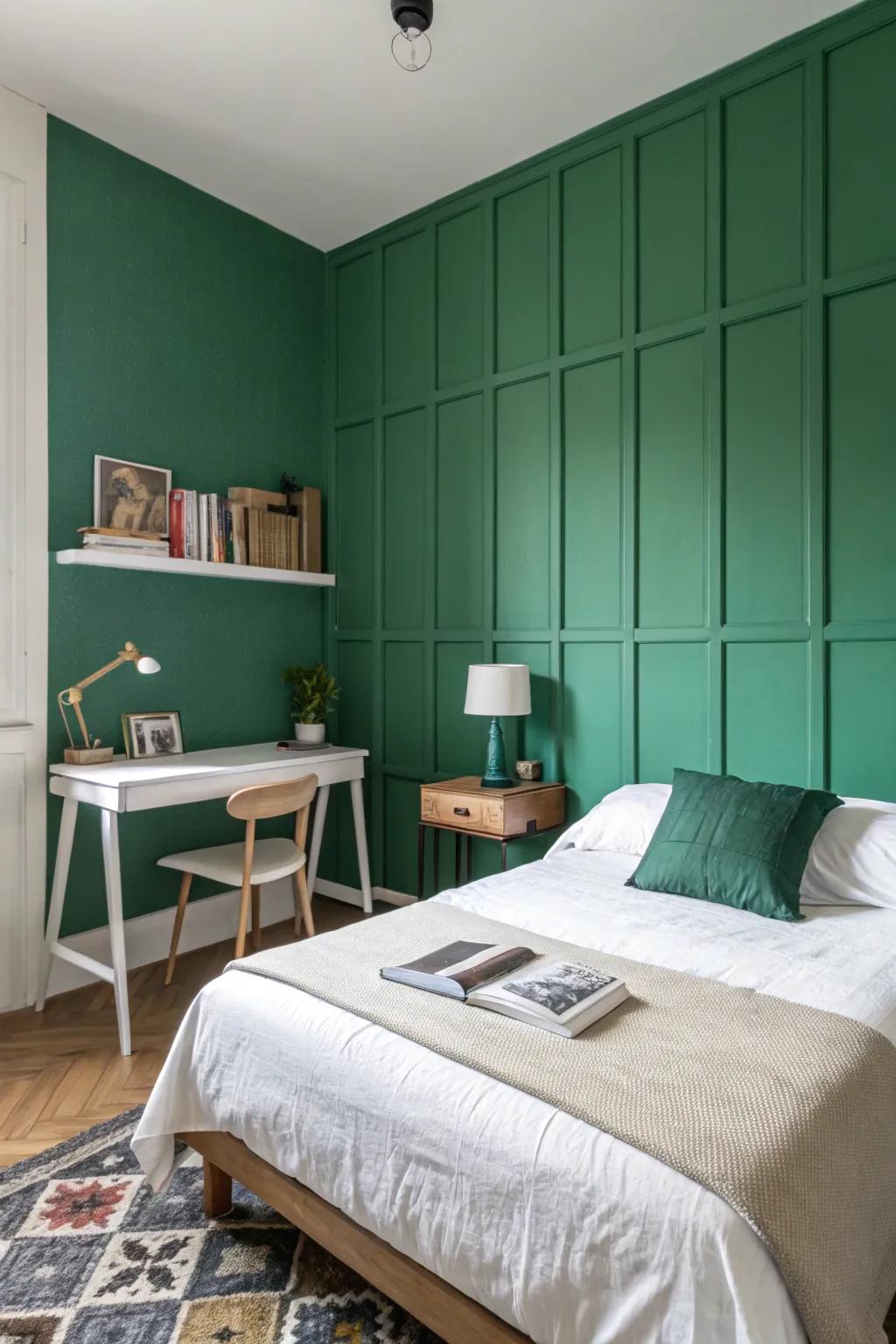 A bedroom showcasing a jade focal wall accompanied by minimalist ornamentation.