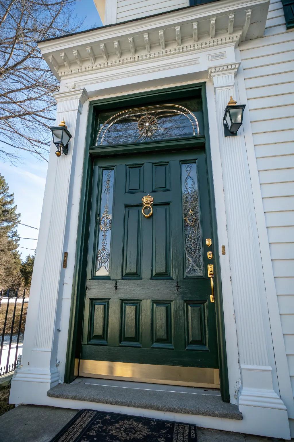 A traditional paneled door in forest green complemented by sophisticated metallic gilded details.