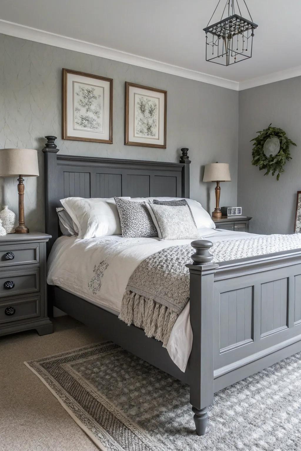 A monochrome bedroom showcasing a dark grey bed frame, radiating tranquility and refinement.