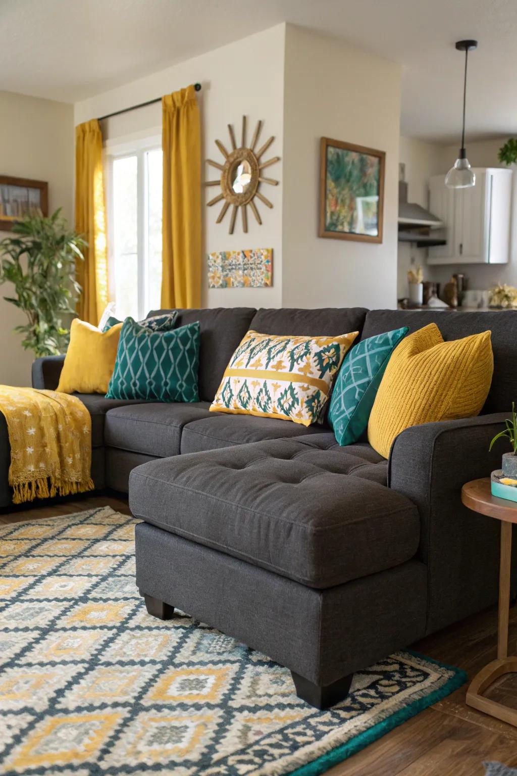 Strong emphasizing hues can transform your charcoal-colored sofa.