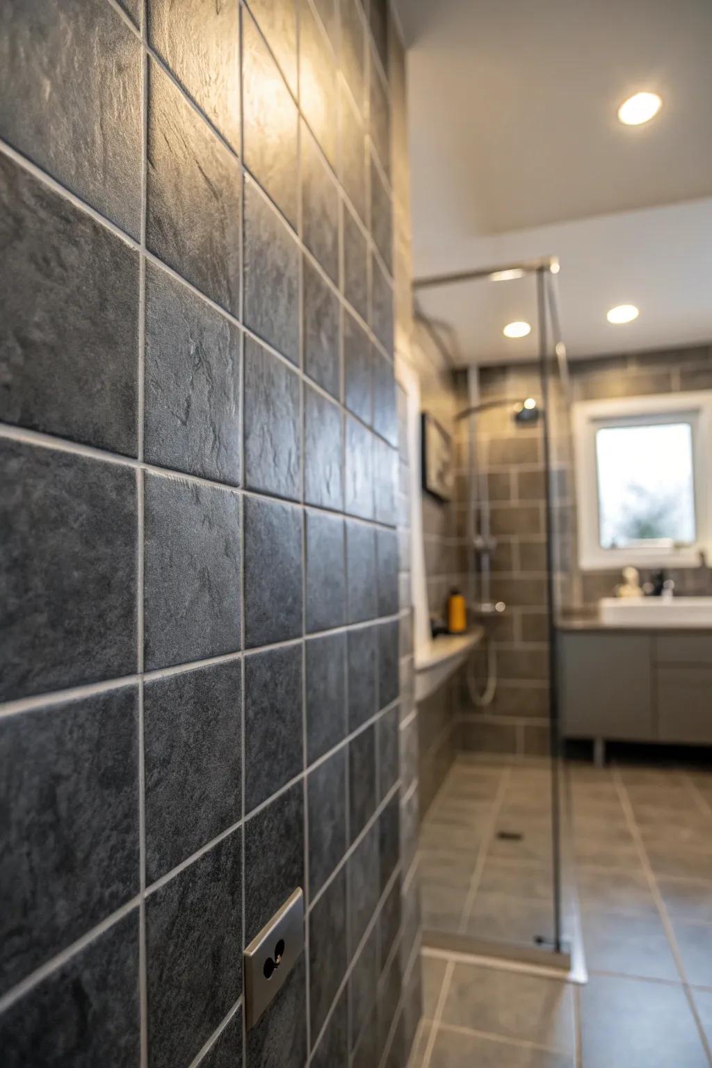 Matte dark charcoal tiling offers a calm and peaceful ambiance to this shower area.