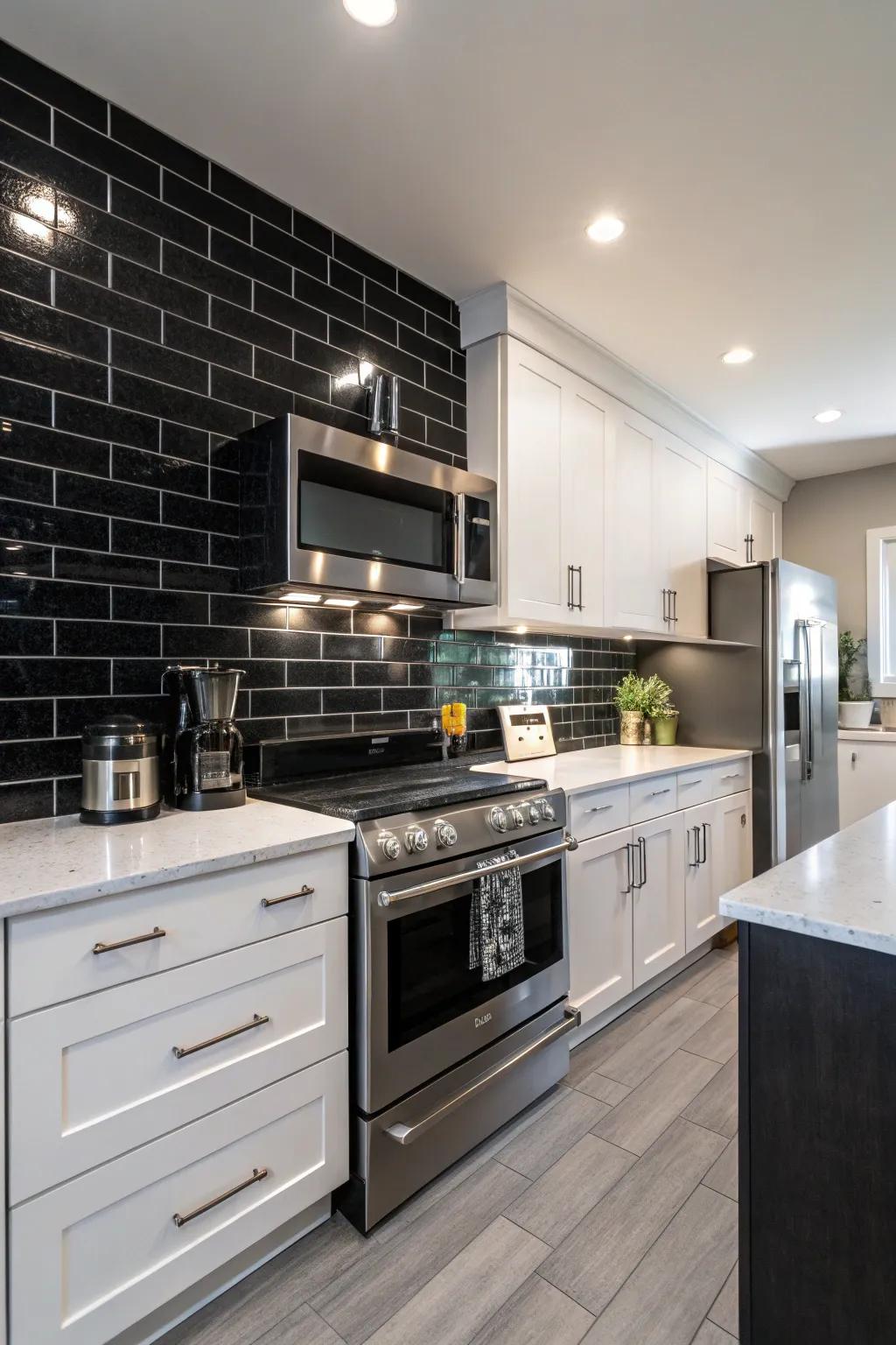 A kitchen showcasing an ebony rectangular tile backsplash paired with sophisticated stainless steel appliances.