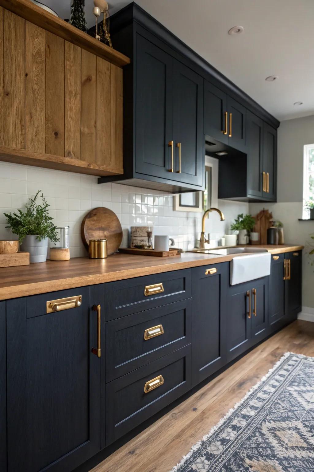 Elegant rich navy cabinets matched with gold-toned hardware craft a luxurious kitchen atmosphere.