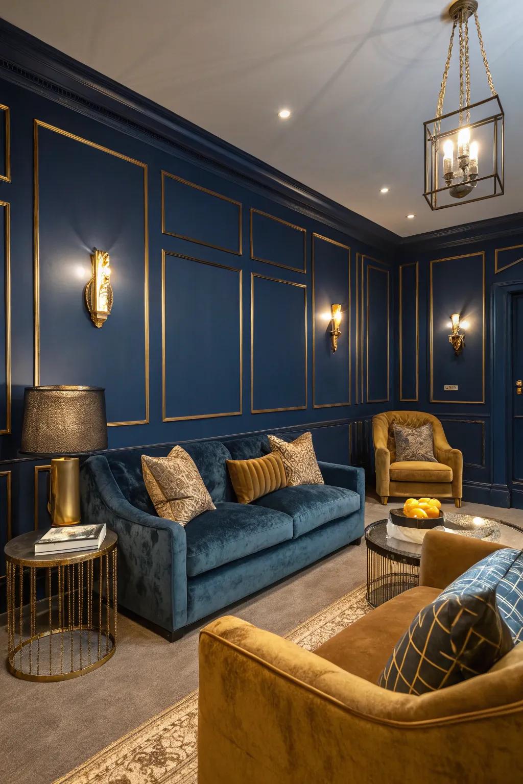 A dimly lit living space showcasing midnight indigo walls and gold-accented decor.