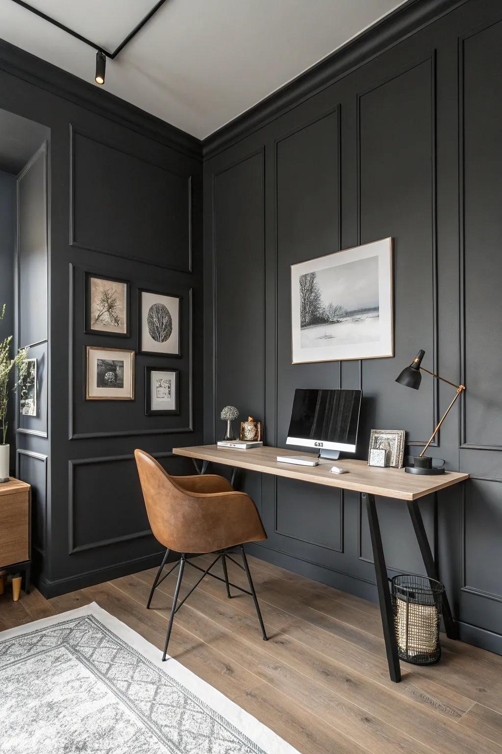 Profound grey walls contribute drama and sophistication to the office.