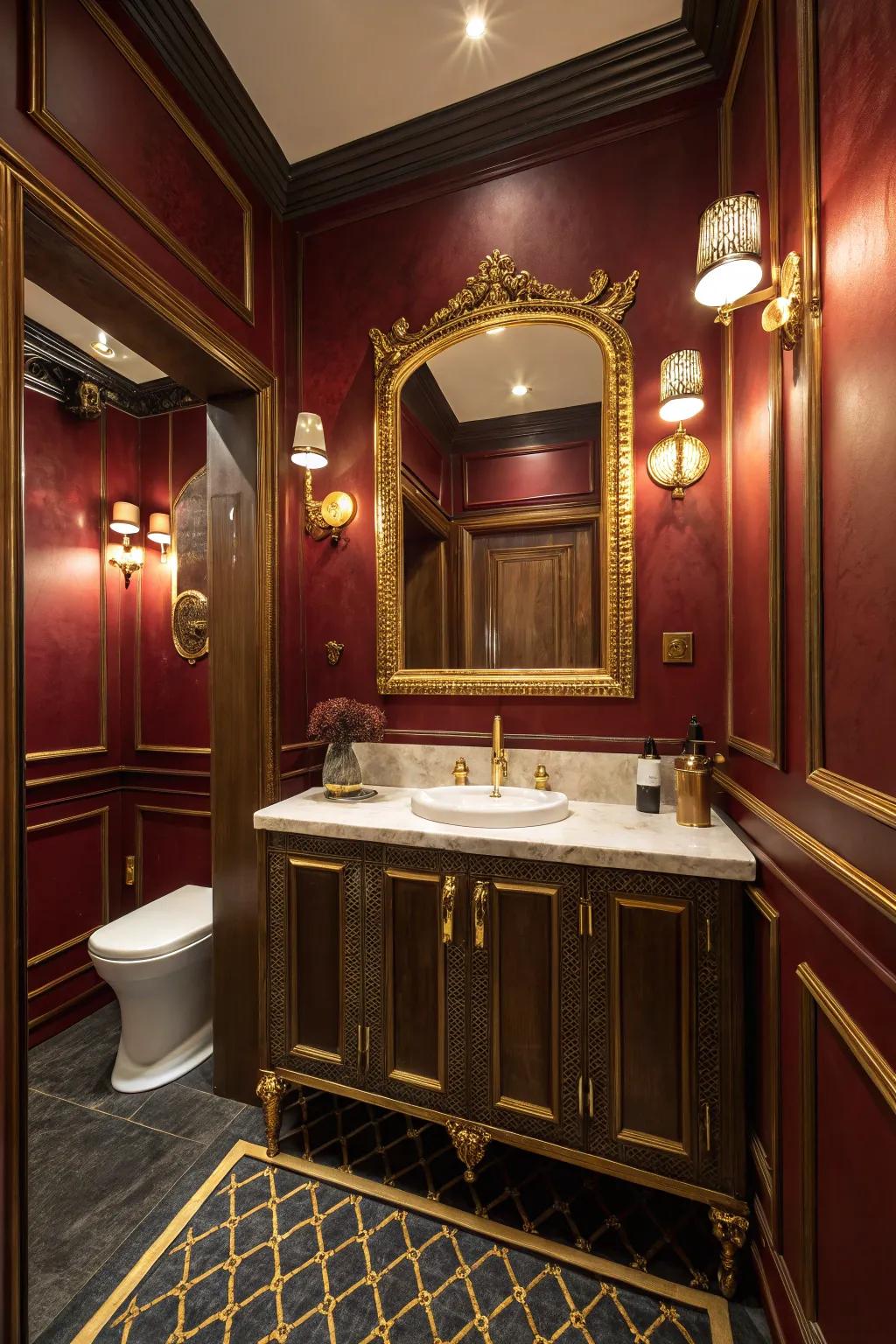 Walls painted in dark crimson infuse a dramatic and snug ambiance into any restroom.