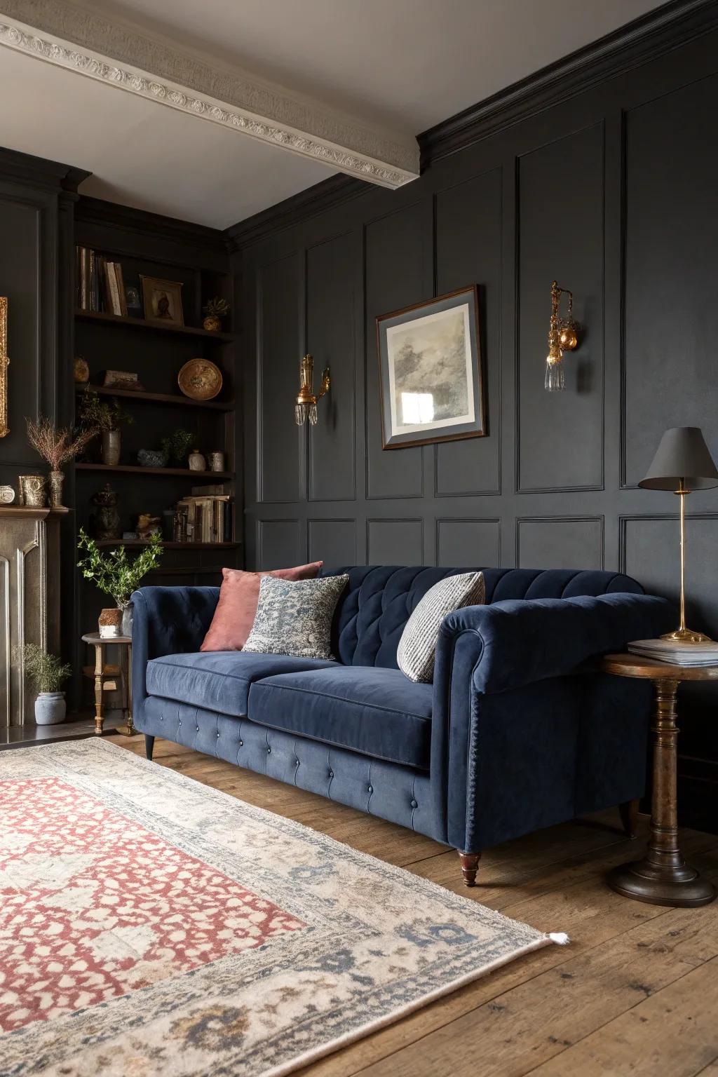 A living area showcasing anthracite walls and a midnight blue plush couch.