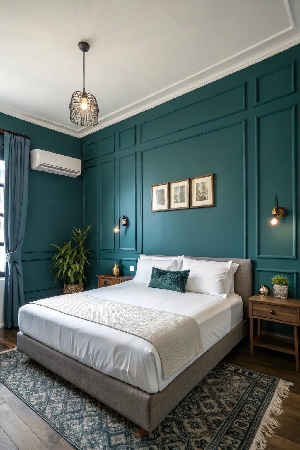 An intense teal focal wall crafts an eye-catching centerpiece.