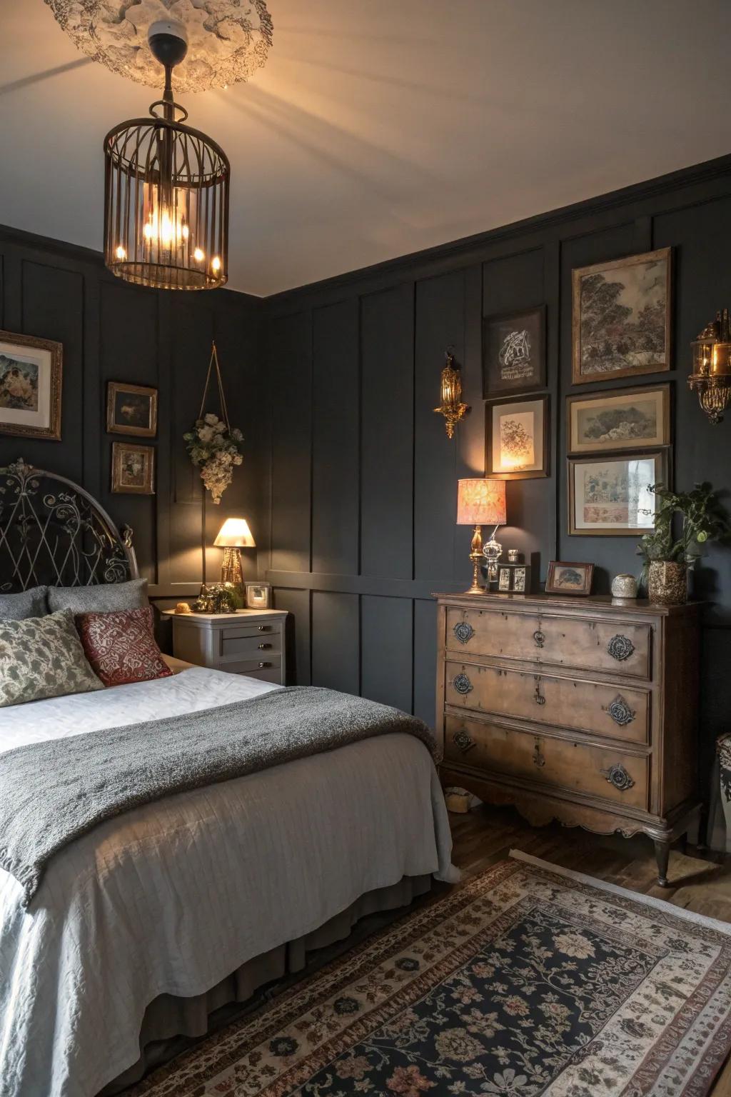 Deep charcoal walls deliver a dramatic, soothing backdrop, ideal for a vintage bedroom.