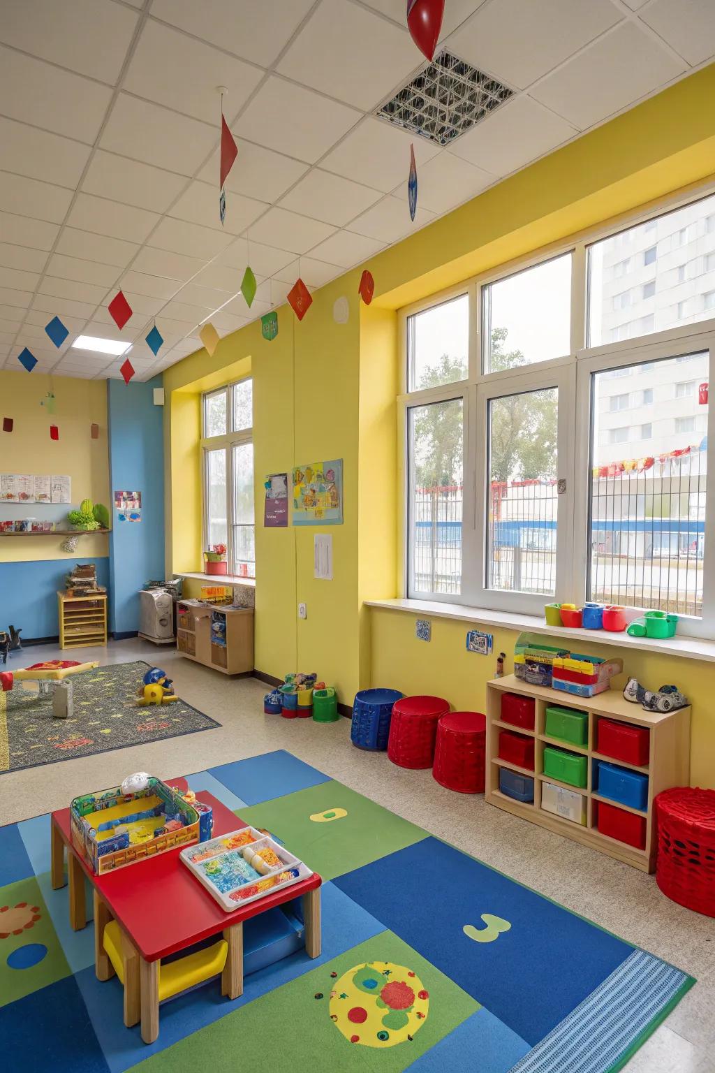 A daycare room showcasing walls adorned with vivid primary colors alongside dynamic furniture.