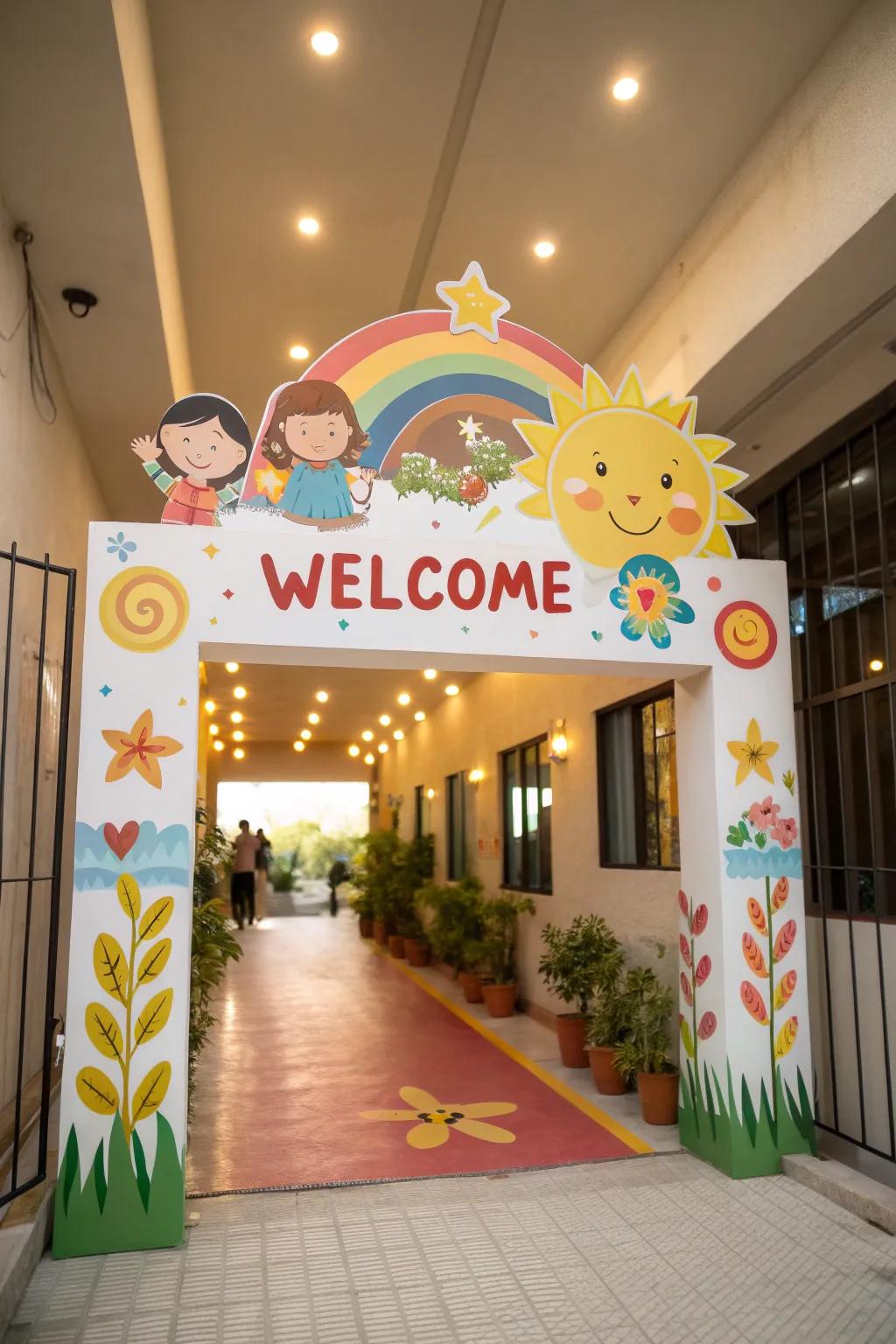 A bright welcome marker welcomes families at the door, ensuring a nurturing atmosphere.