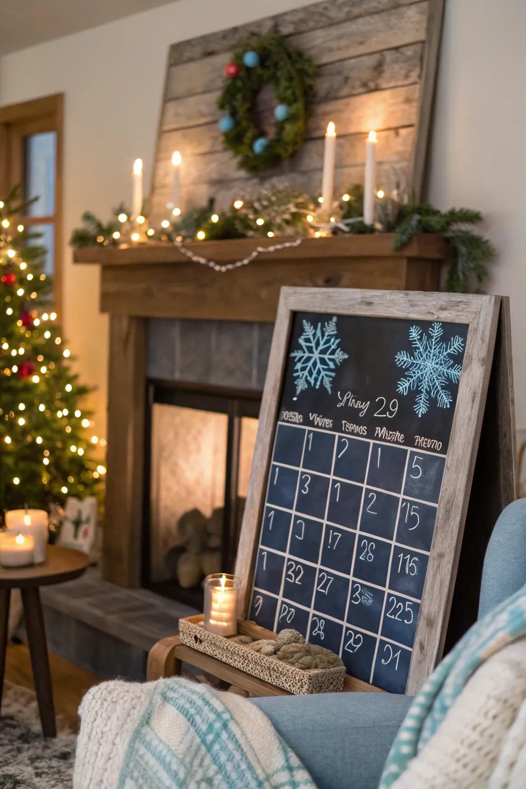 A serene winter wonderland chalkboard calendar.