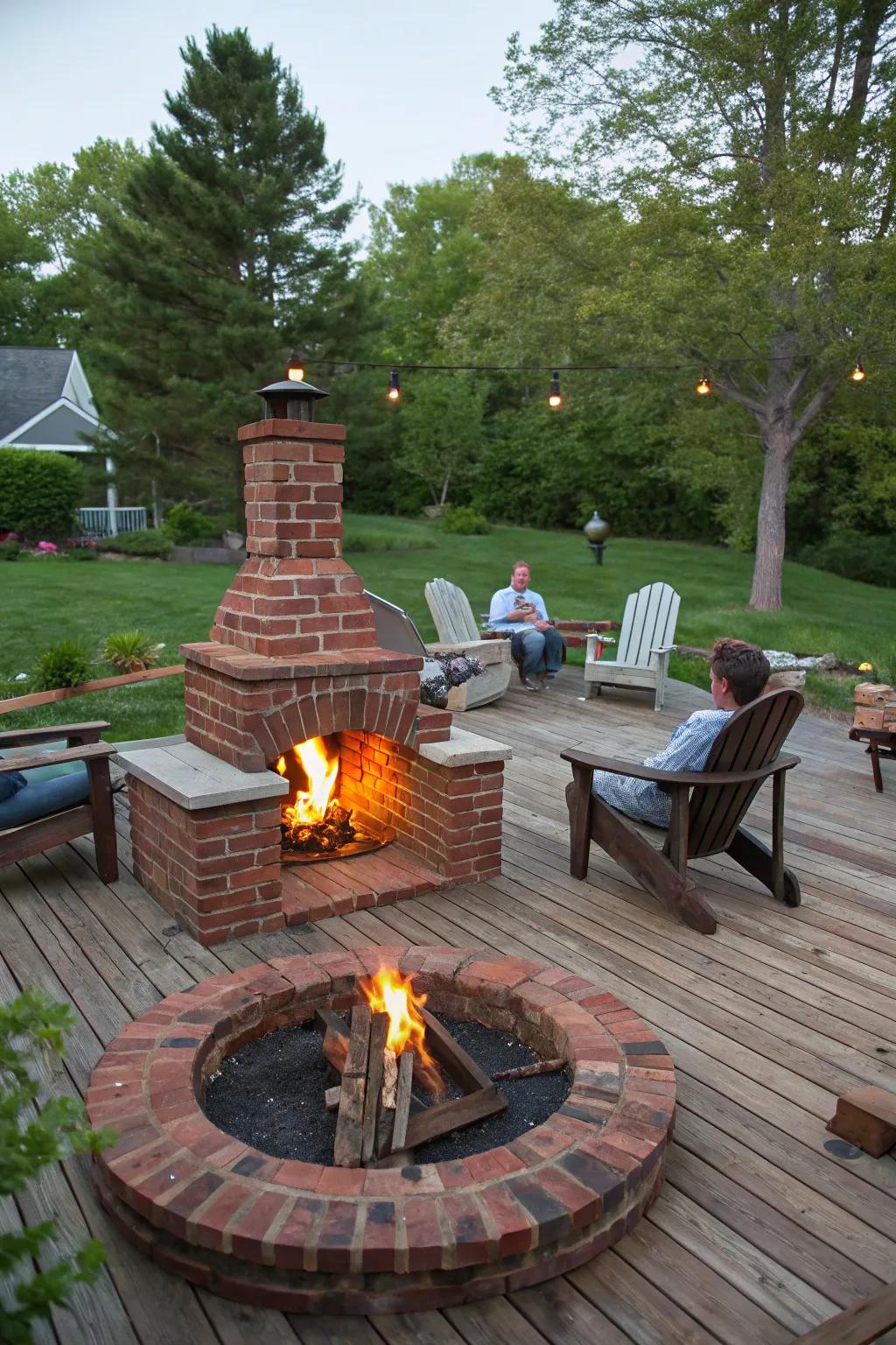 A classic brick hearth nestled on a wooden patio, crafting an inviting and rustic ambiance.