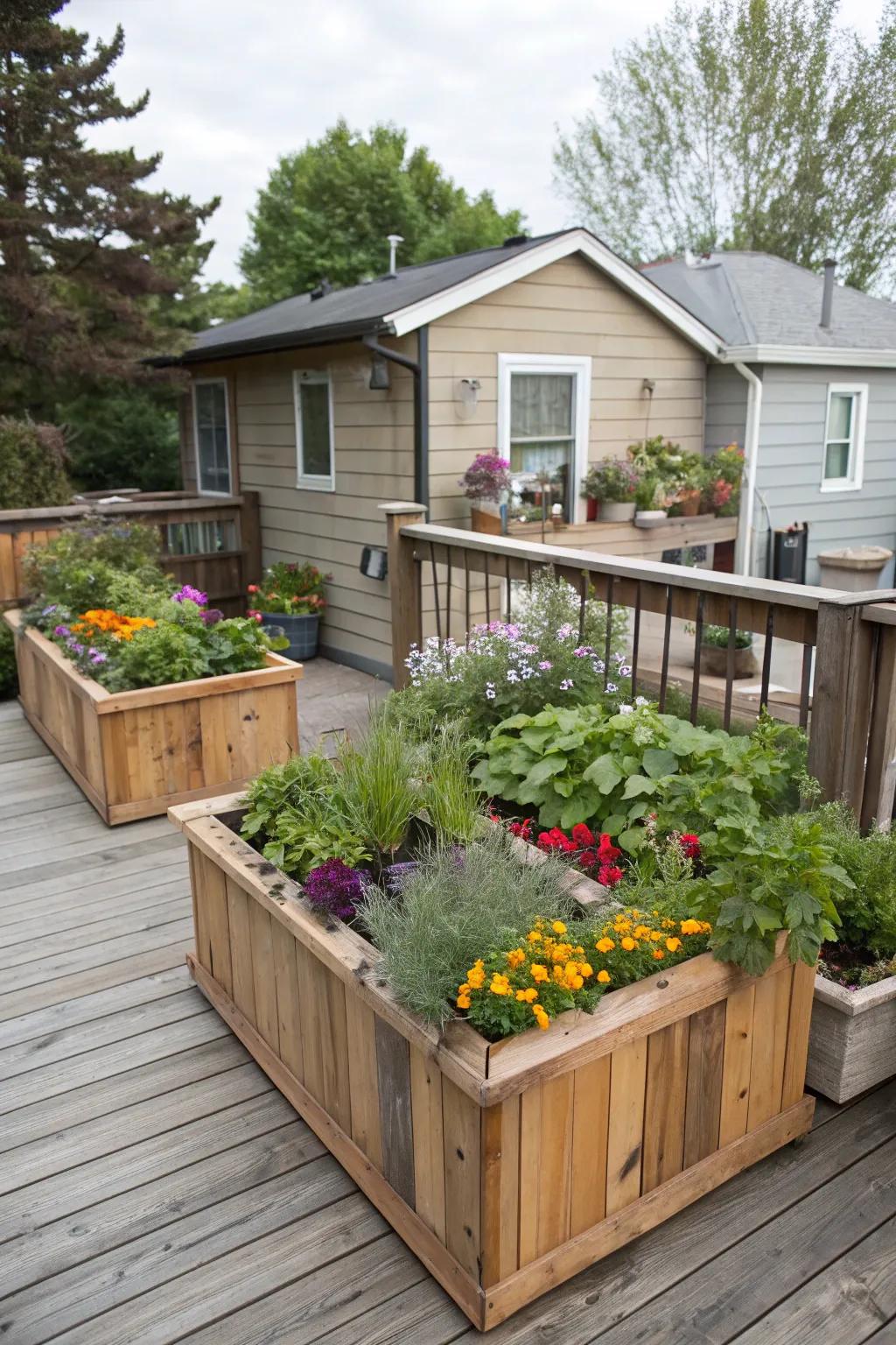 Elevated planters bring color and lushness to a small deck.