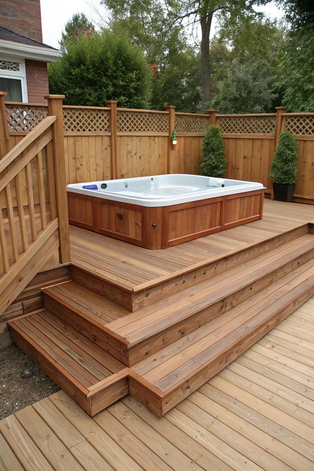 A hot tub seamlessly unified within the deck's design.
