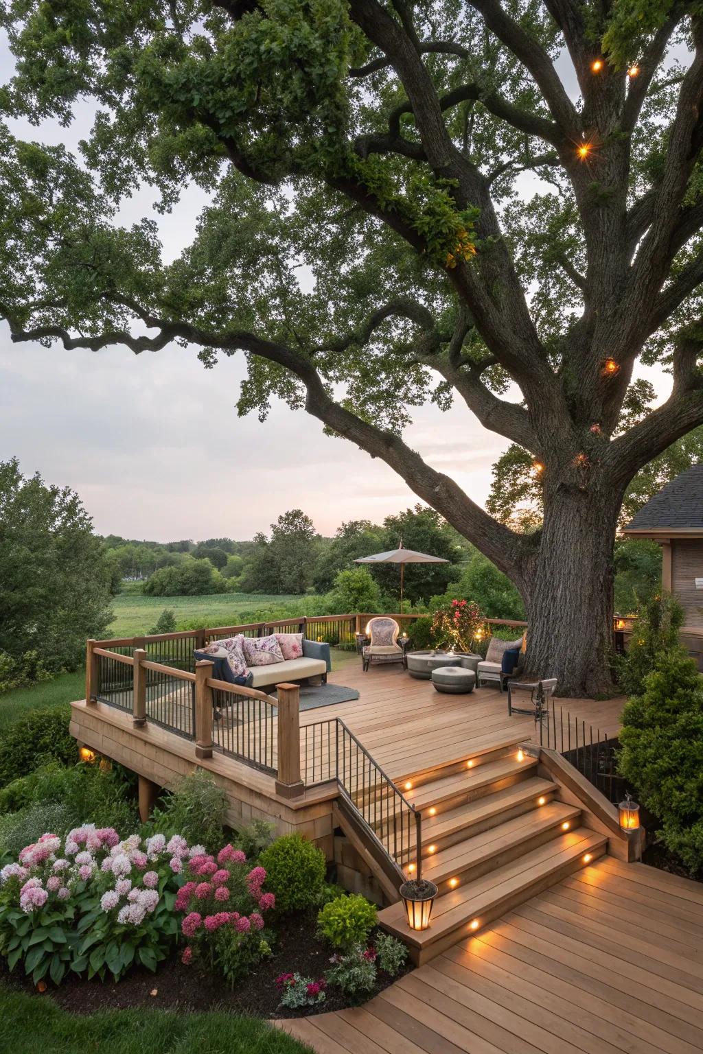 A deck gently embracing a majestic oak, harmoniously blending with the surrounding natural environment.