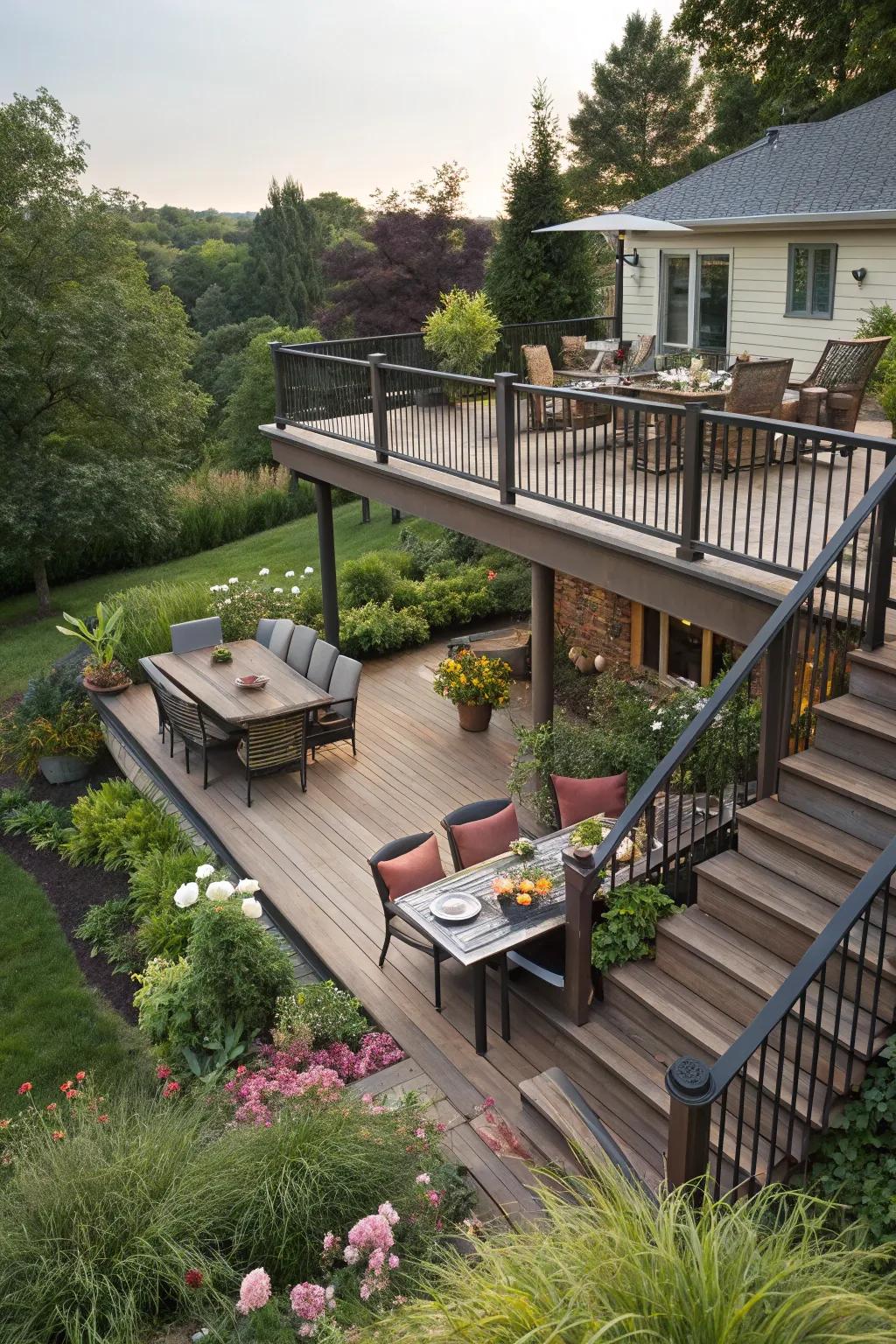A tiered deck elegantly divides areas for various uses.