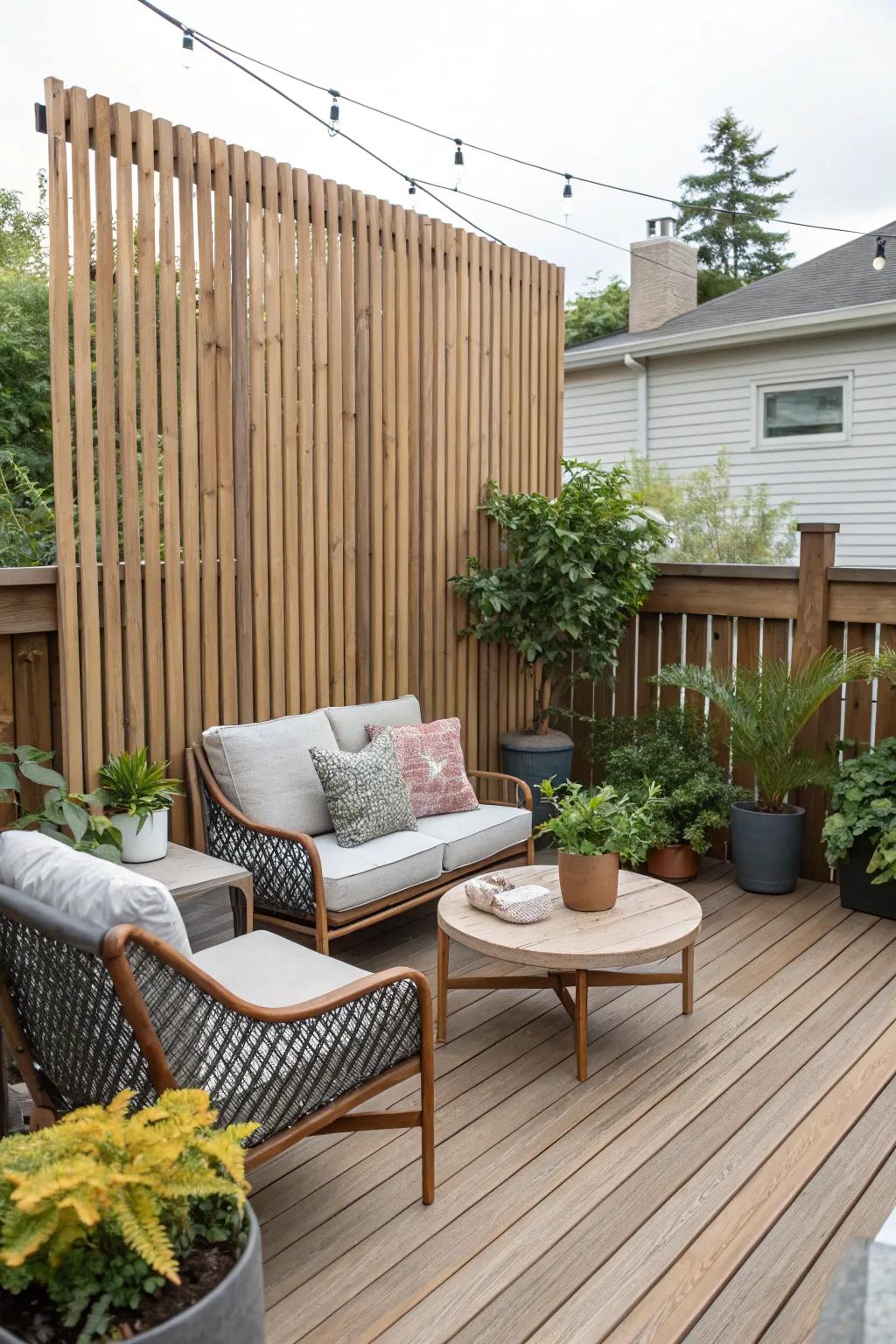 An elegant deck showcasing a vertical timber slat privacy partition.