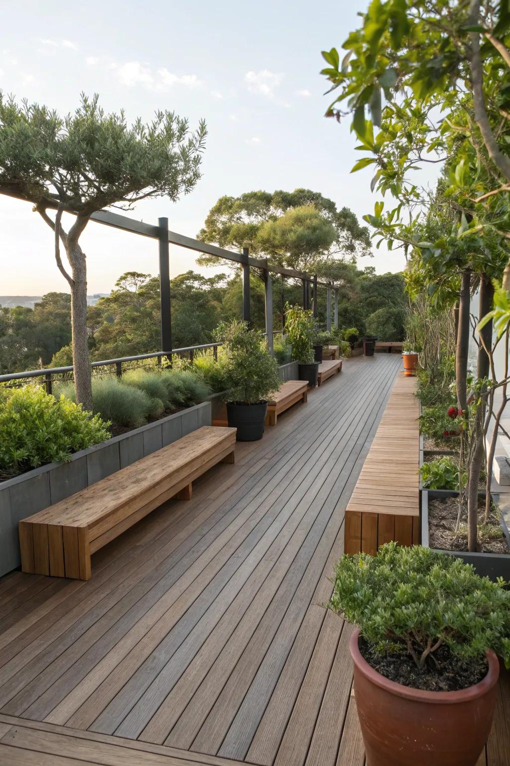 Harmonious timber benches seamlessly blend with the veranda's aesthetic.