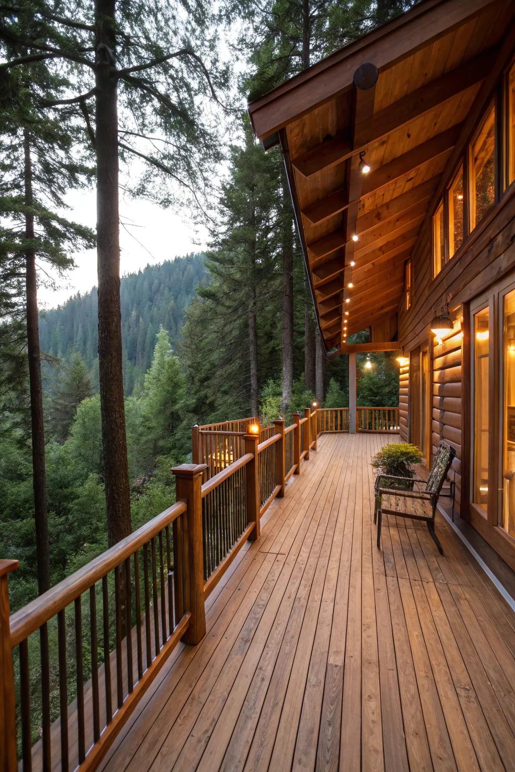 A rustic deck showcasing traditional timber balustrades, blending seamlessly into a tranquil forest environment.