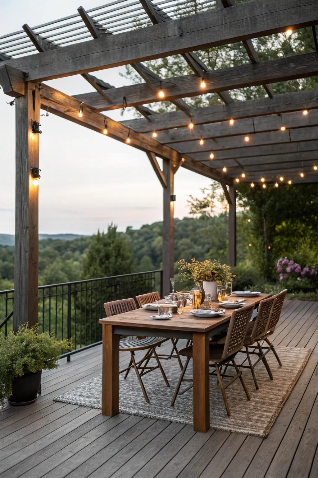 A welcoming outdoor dining area under a pergola, ideal for gatherings.