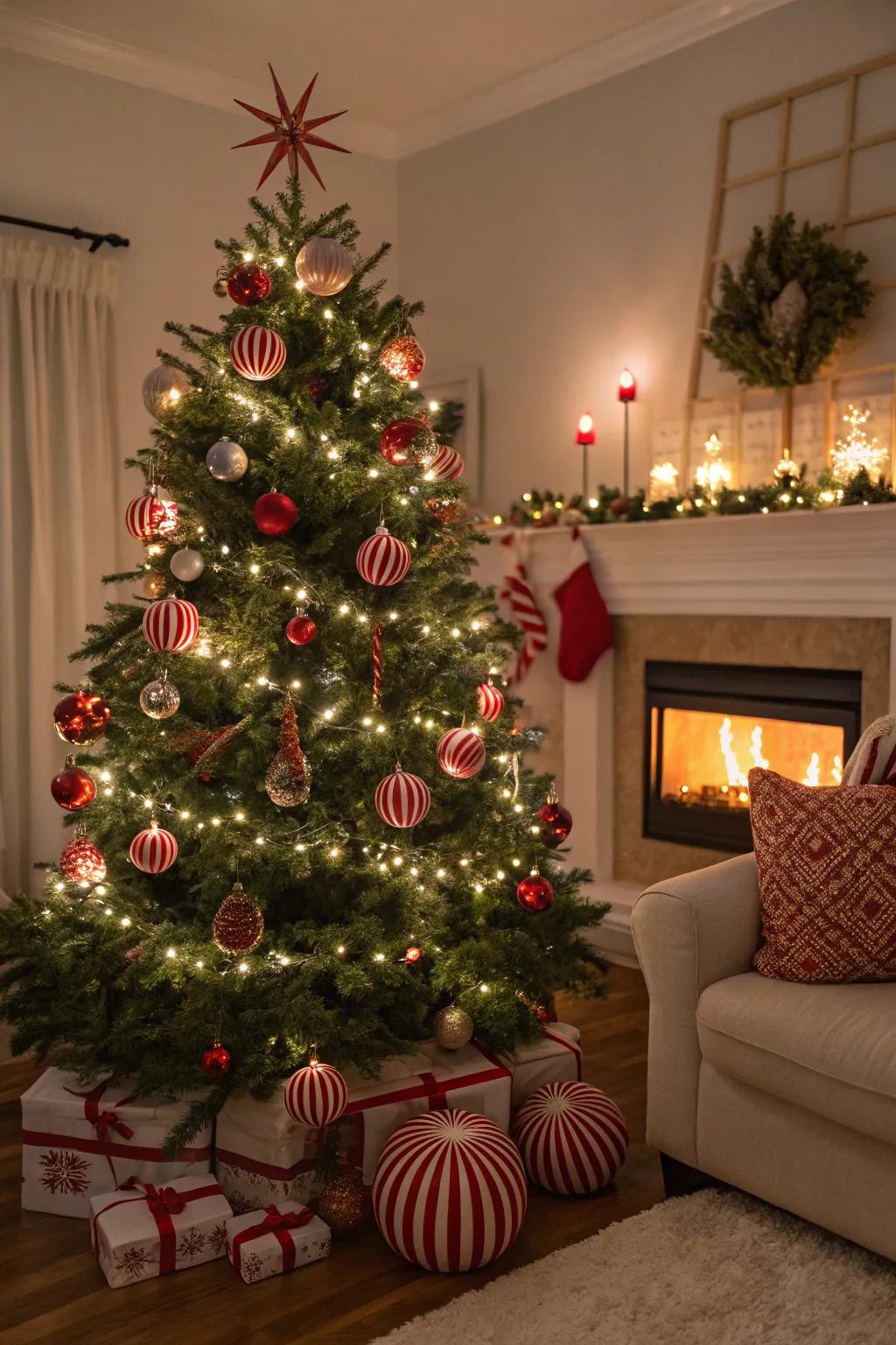 A Christmas tree emanating crimson and ivory illumination, ornamented with peppermint trinkets.