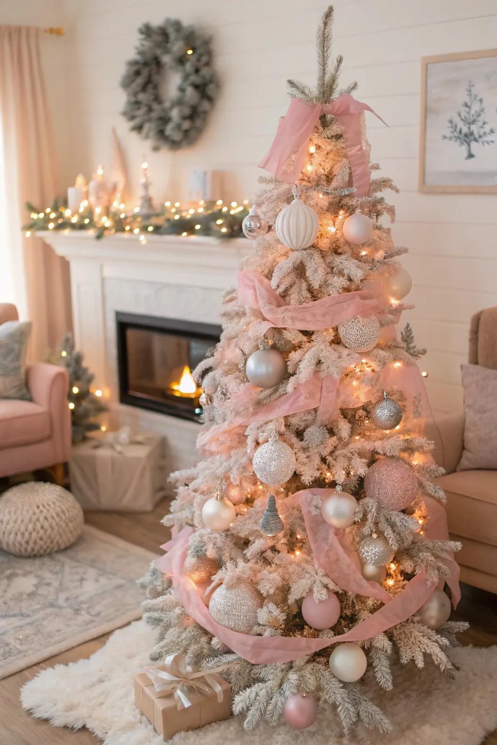 A soft rosy Christmas tree radiating elegance in a warm setting.