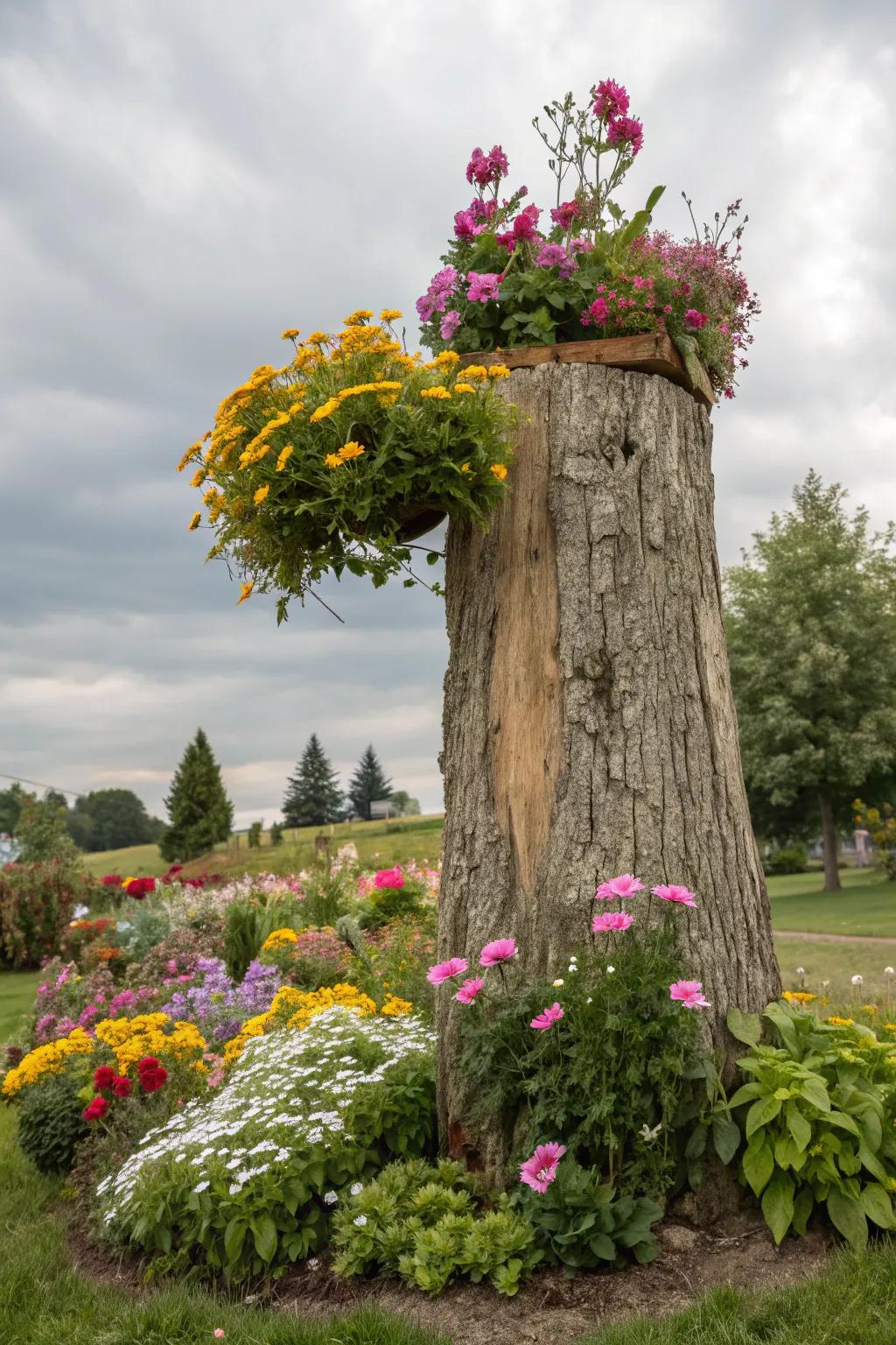 A stately tree stump planter introduces a burst of color to any garden.