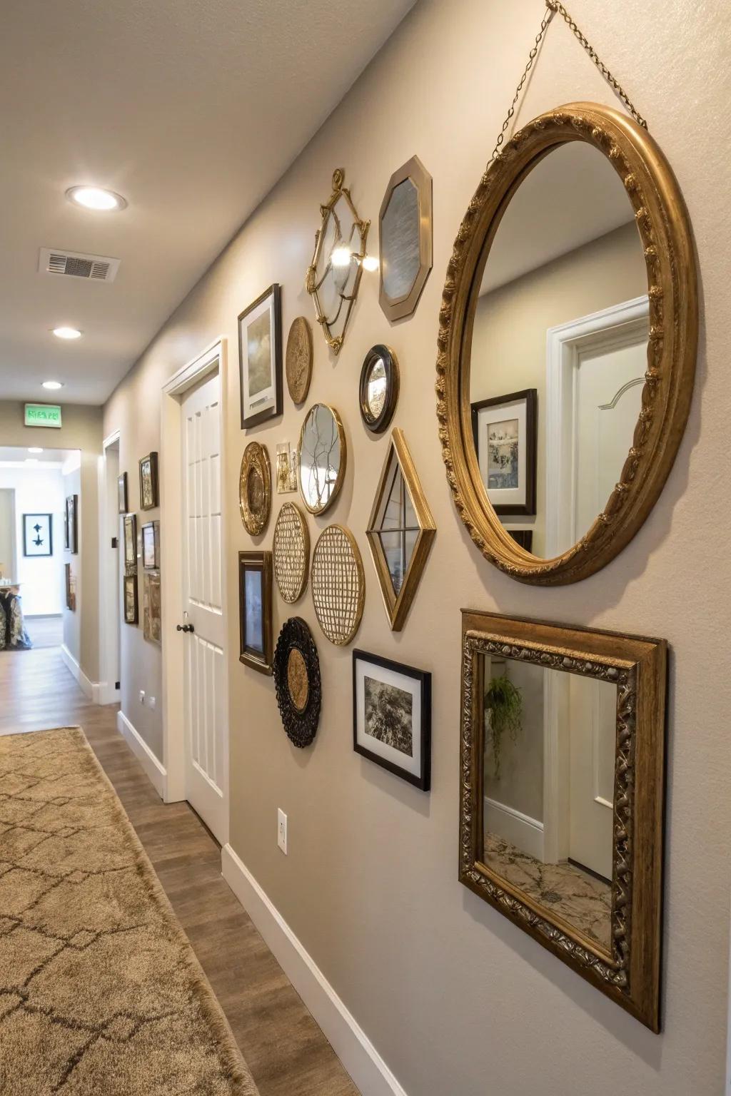 A thoughtfully arranged mirror gallery wall breathes vitality into a simple hallway.