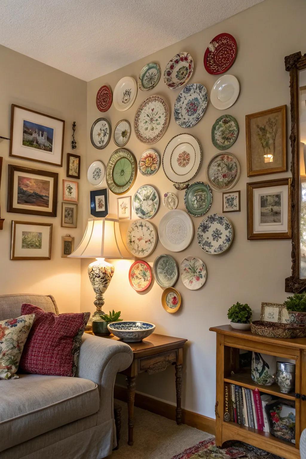 A diverse selection of vintage and modern plates comes together to form an exquisite gallery wall.