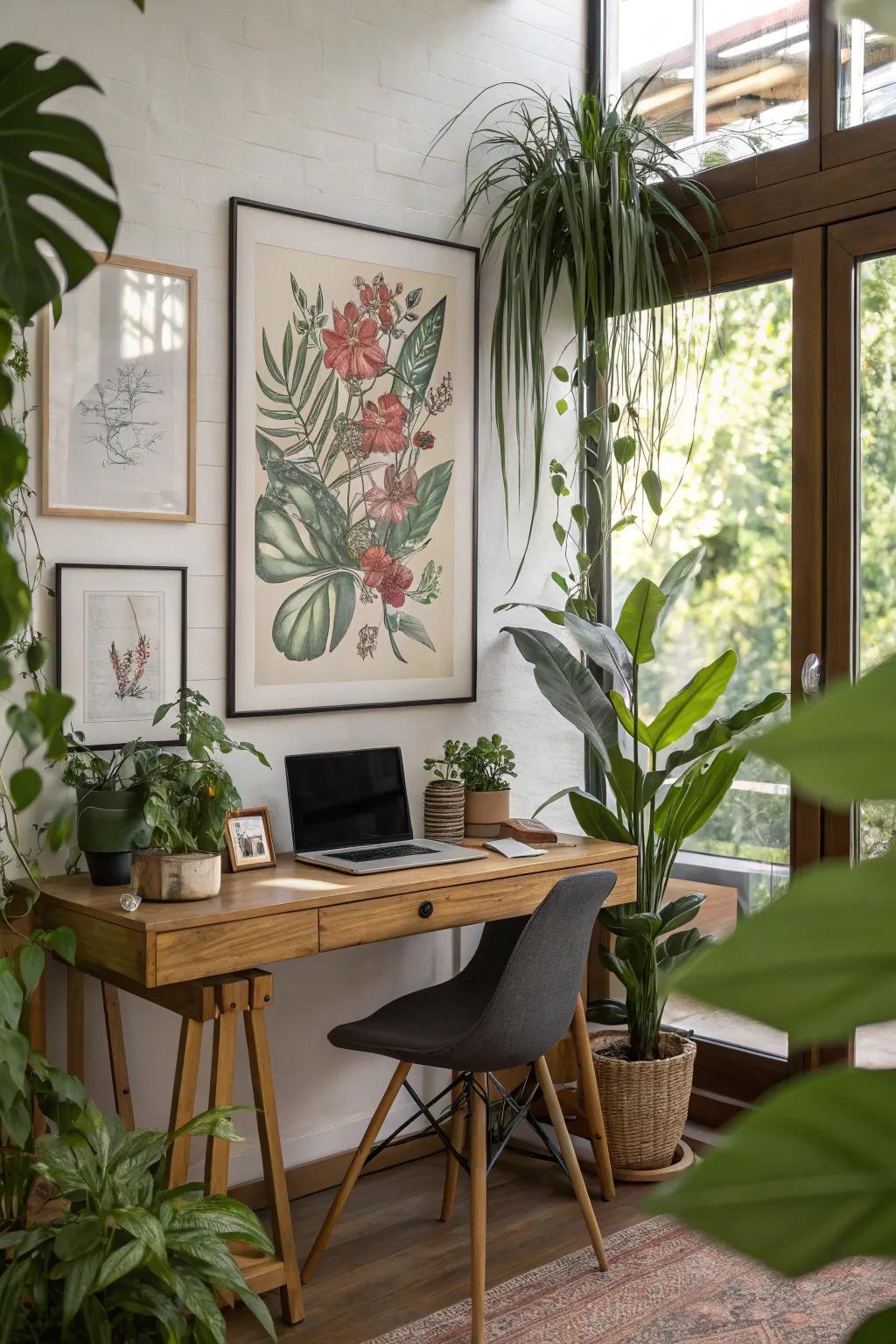 A home workspace brightened with a framed drawing of floral elegance.