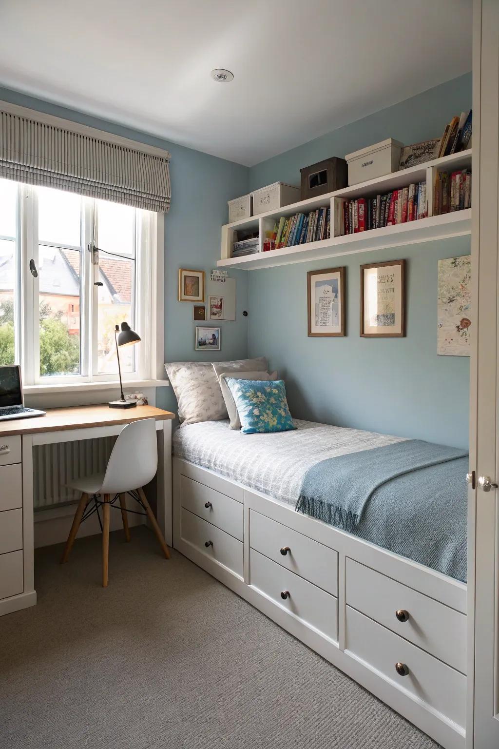 A compact bedroom showcasing a sleeper with storage along with a desk that serves two purposes.