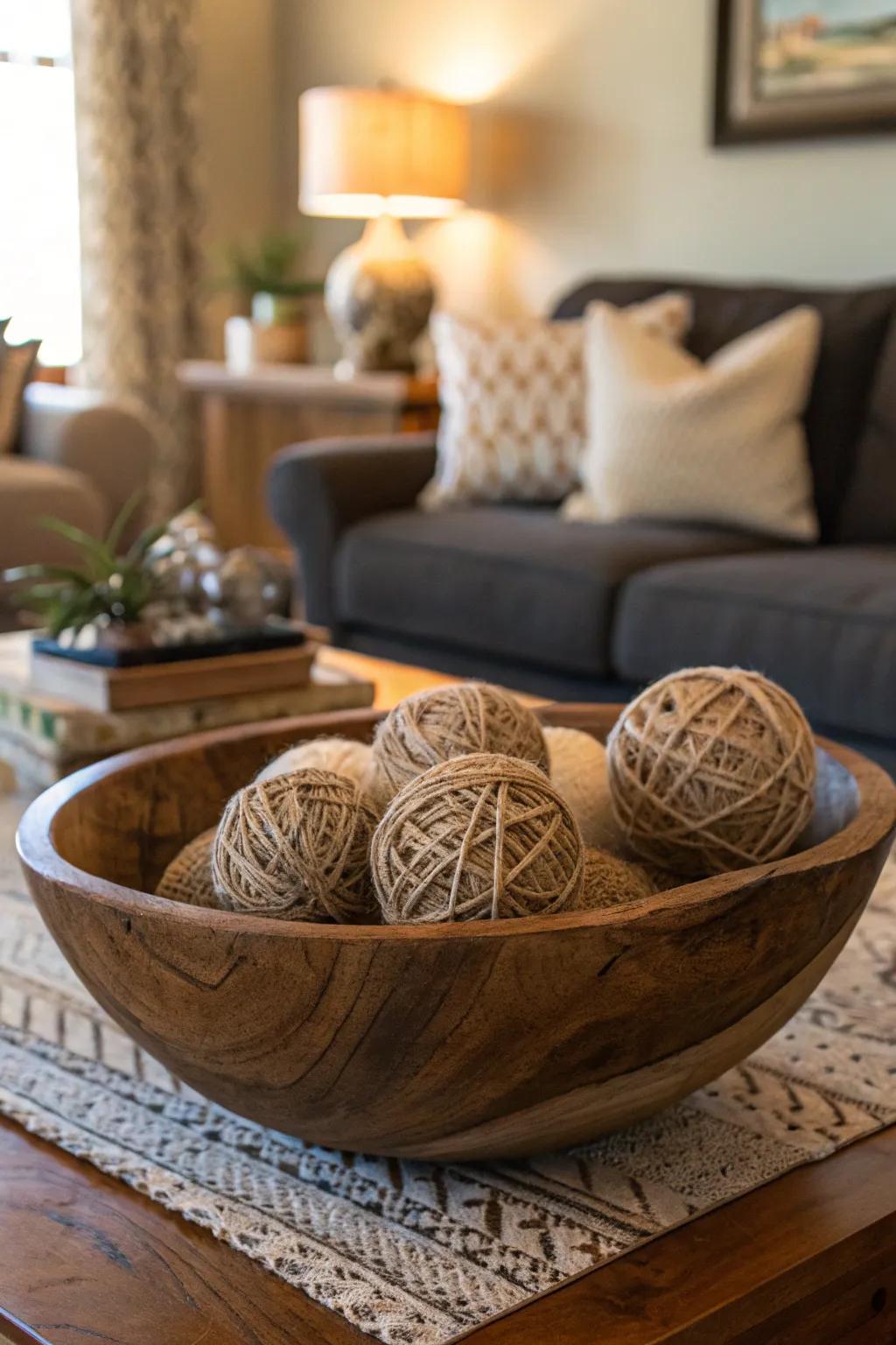 Corded spheres lending rustic charm to a sitting room