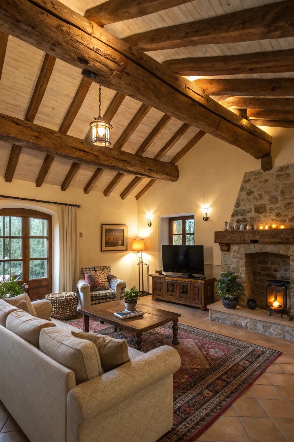 Weathered wooden beams give this inviting living room such warmth and charm.