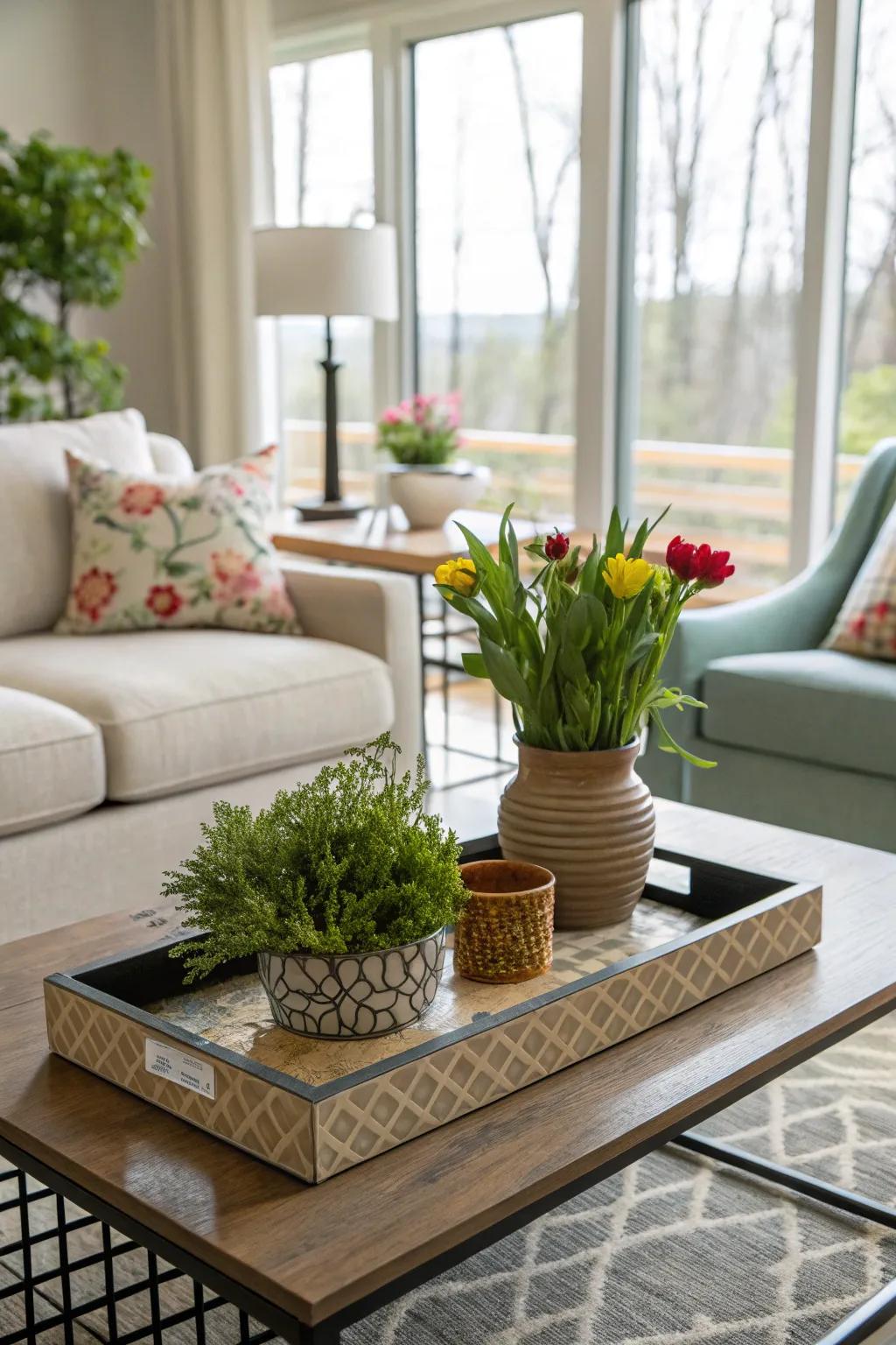 A coffee table serving board decorated with a potted plant and freshly picked flowers.