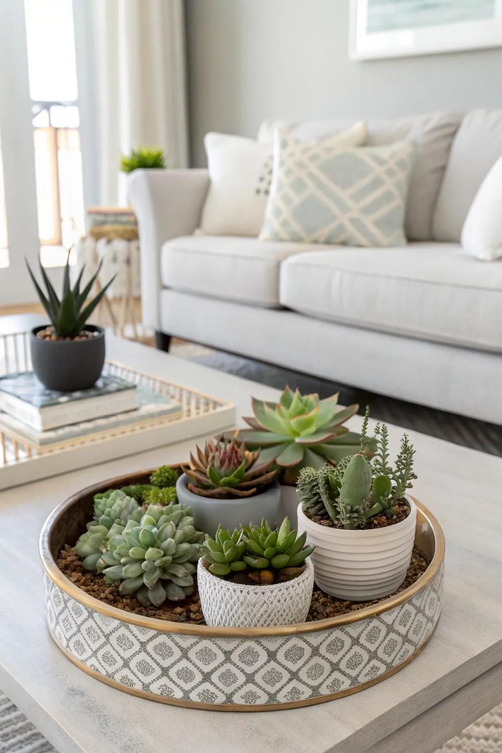 Welcoming nature inside with a platter overflowing with succulents.