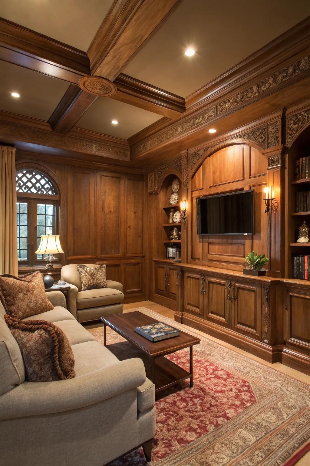 A comfy den showcasing wood paneling and an inviting ambiance.