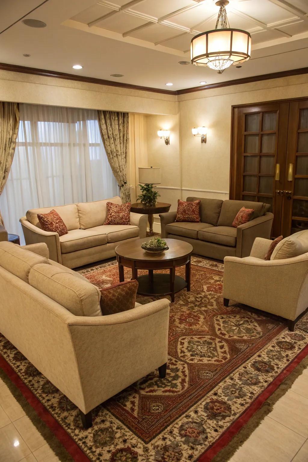 Harmonious seating arrangement in a snug sanctuary.