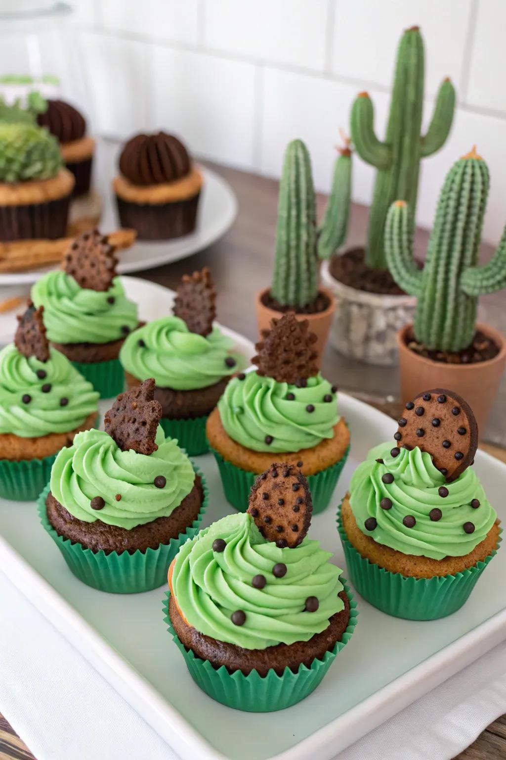Cactus-themed cupcakes adorned with verdant icing and miniature chocolate piece thorns.
