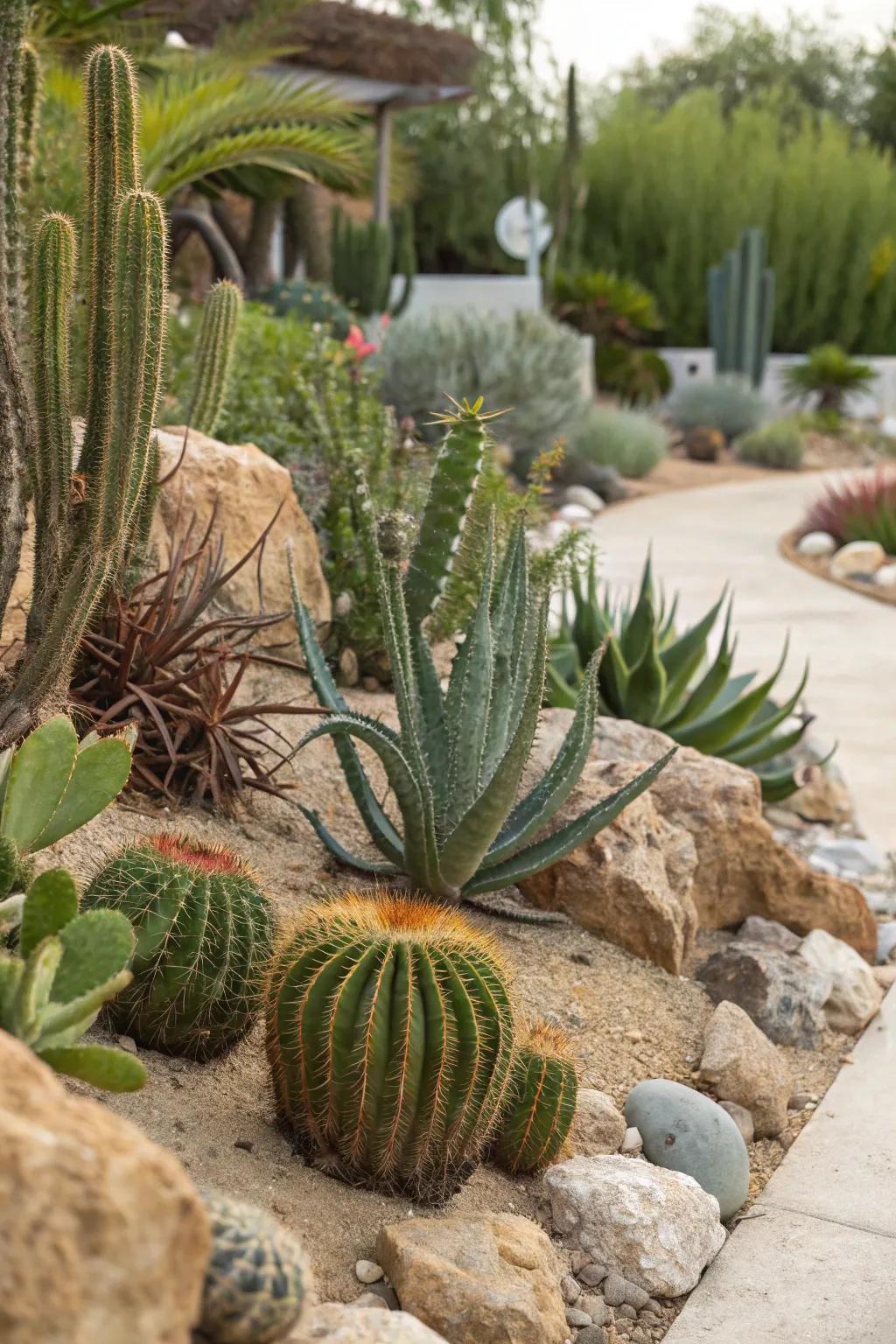 A lively assortment of cacti and succulents, each displaying unique shapes and textures.