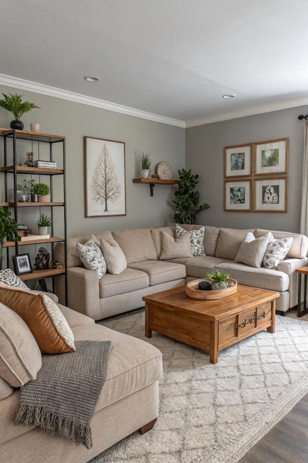 A tranquil living area showcases a calming color story with elegant accents.