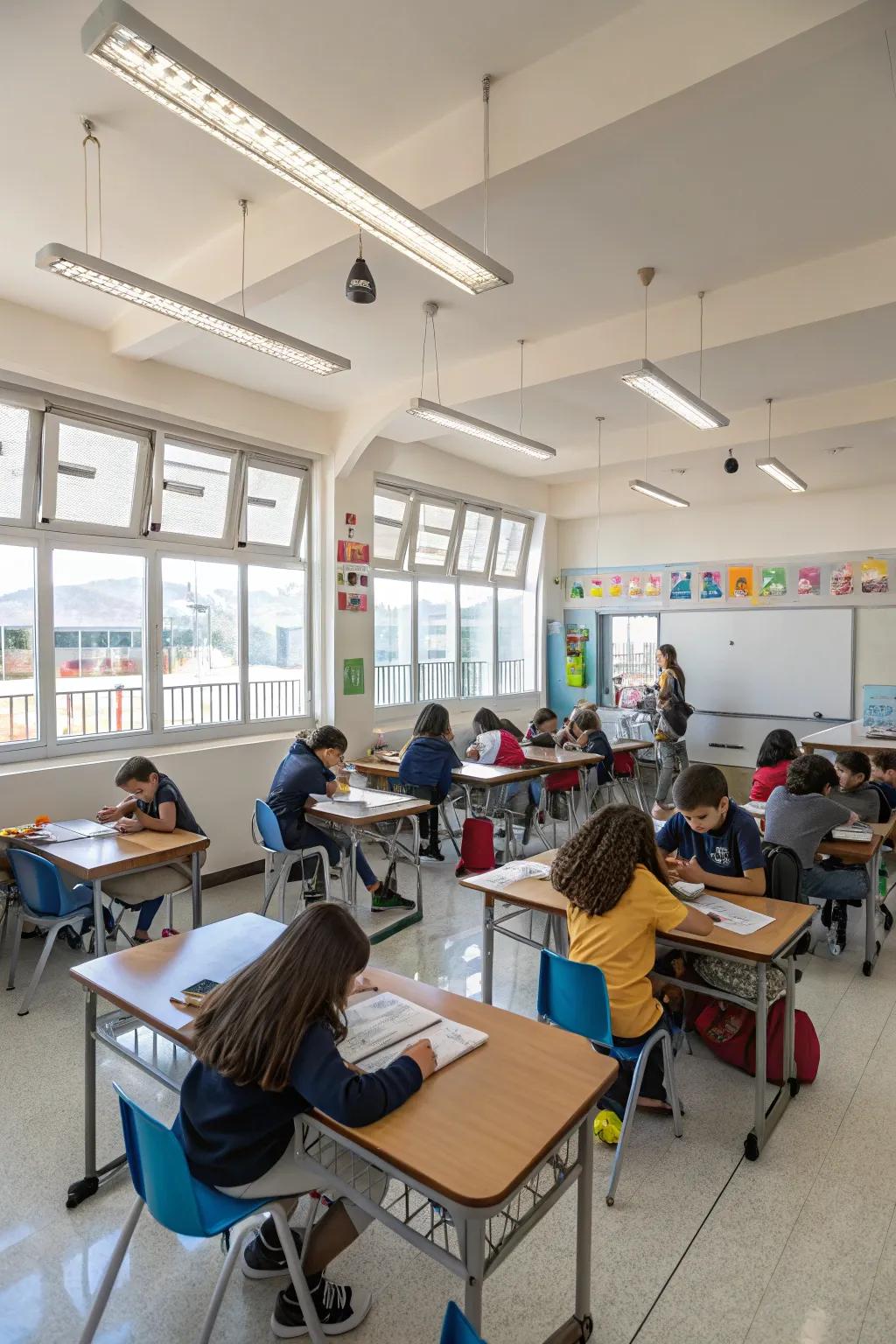 Desks arranged in clusters cultivate a collaborative setting in the classroom.