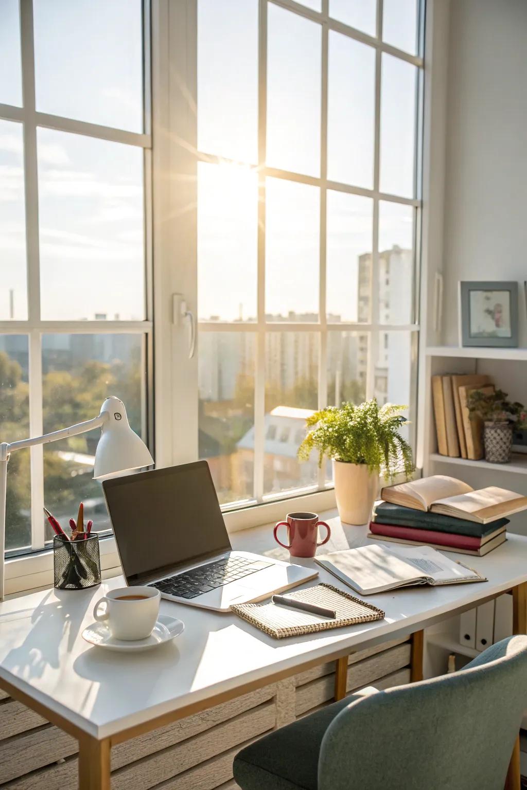 A thoughtfully arranged desk exploits the plentiful sunlight streaming through a broad window.