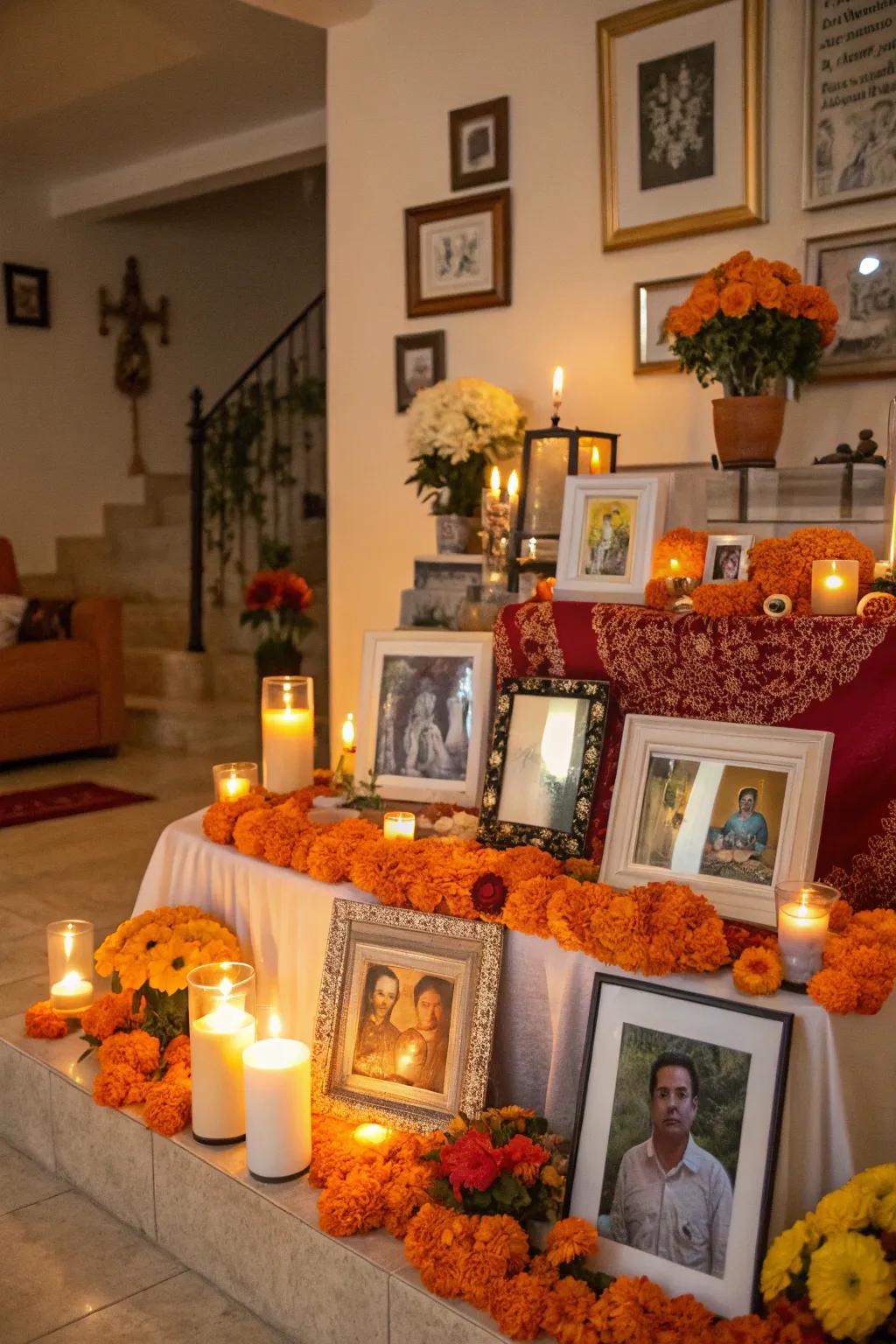 Displayed photos of cherished individuals form the heart of this Day of the Dead altar.