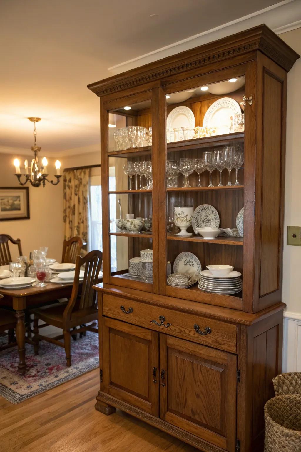 A classic display case enhances the dining room with its timeless appeal.