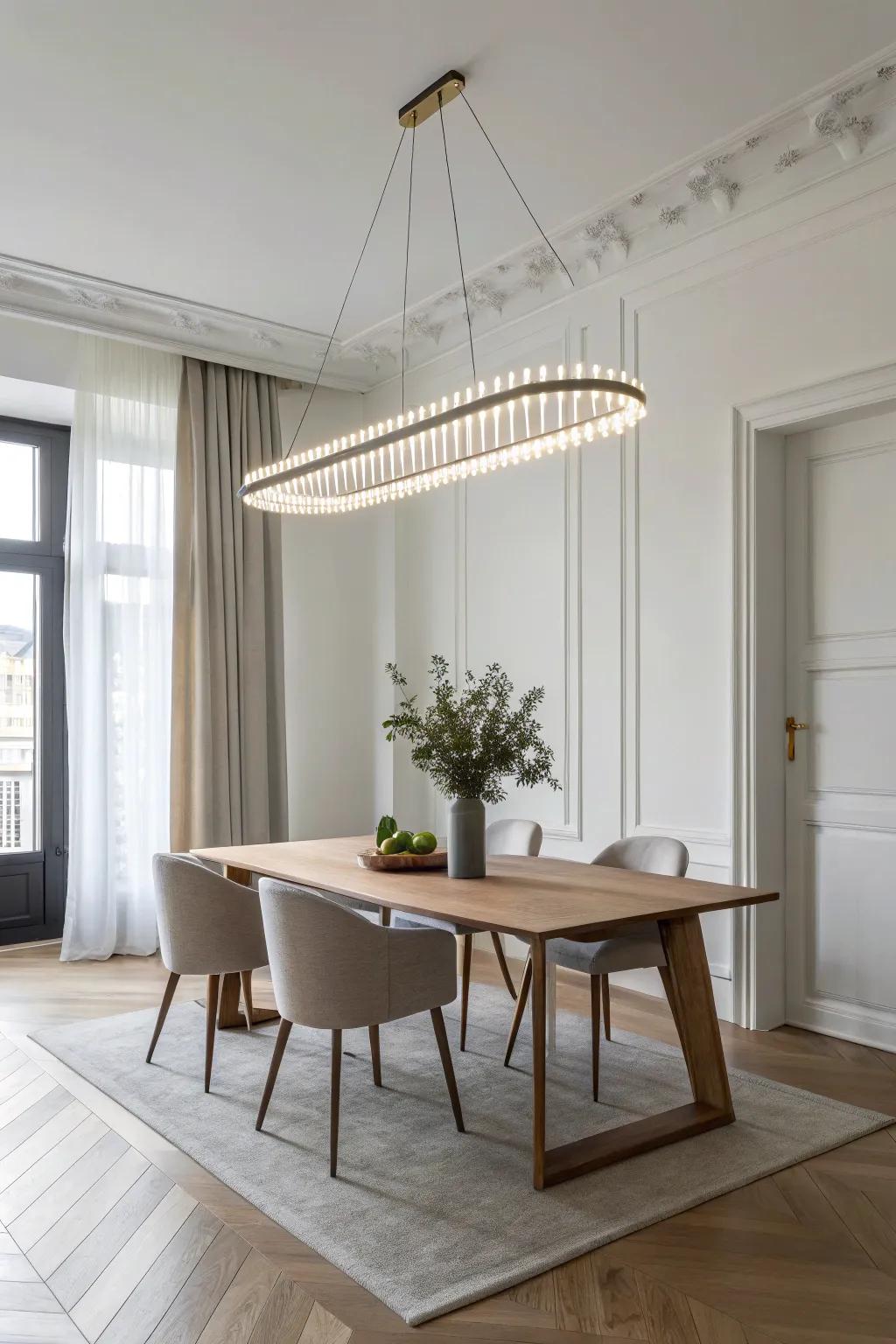 Modern simplicity shines with a linear chandelier in a streamlined dining area.